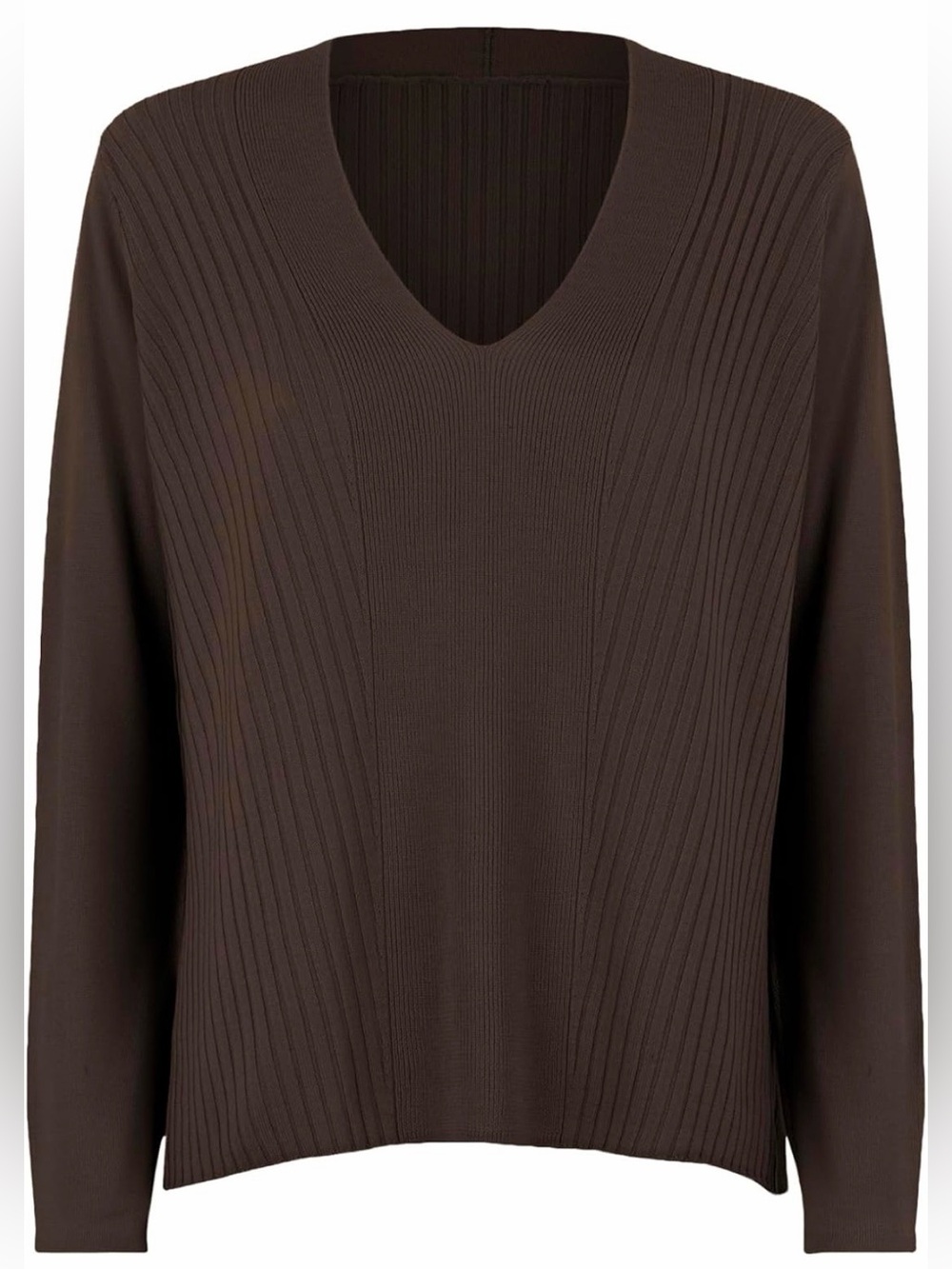 $695 Wolford 100% Virgin Wool Merino Blend Brown V-Neck Knit Top Sweater Ribbed